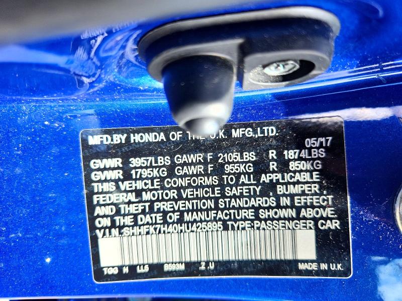 Auction sale of the 2017 Honda Civic, vin: SHHFK7H40HU425895, lot number: 69213516