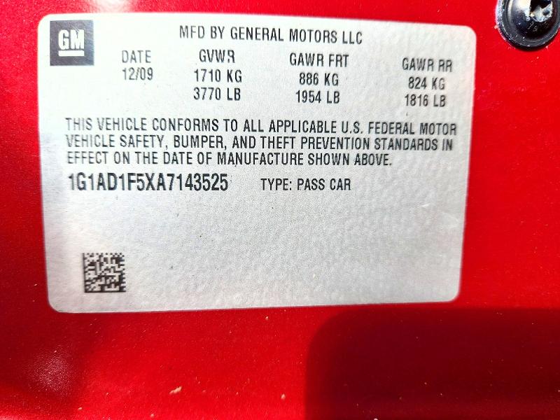 70309626 :رقم المزاد ، 1G1AD1F5XA7143525 vin ، 2010 Chevrolet Cobalt مزاد بيع