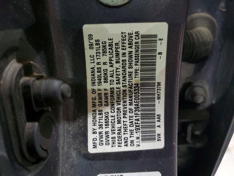 2010 Honda Civic მანქანა იყიდება აუქციონზე, vin: 19XFA1F39AE005334, აუქციონის ნომერი: 67307086