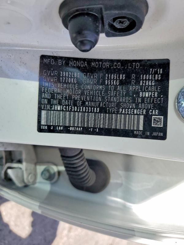 2018 Honda Civic მანქანა იყიდება აუქციონზე, vin: JHMFC1F30JX033189, აუქციონის ნომერი: 68670196
