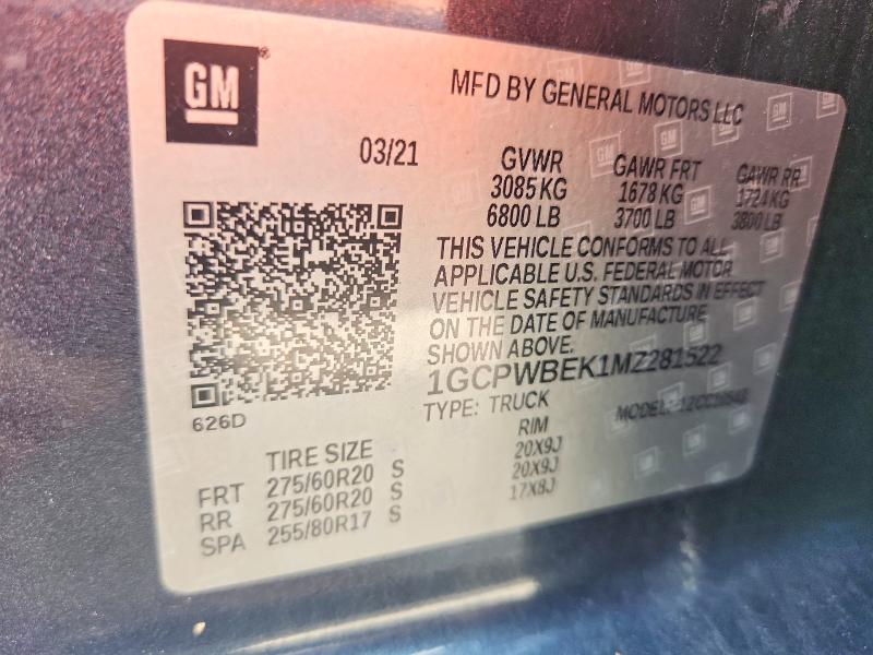 Продаж на аукціоні авто 2021 Chevrolet Silverado, vin: 1GCPWBEK1MZ281522, номер лоту: 67432926