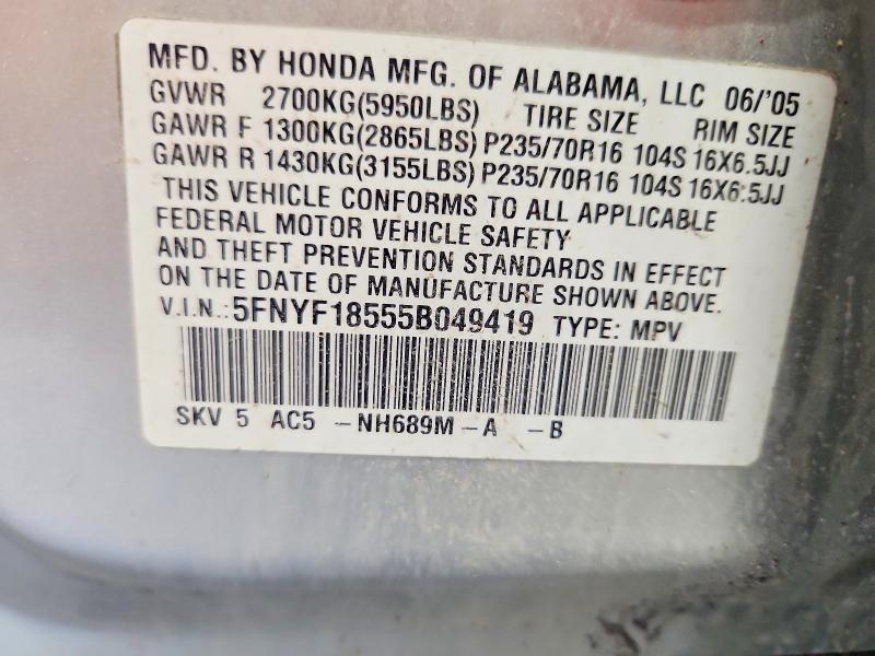 Продаж на аукціоні авто 2005 Honda Pilot, vin: 5FNYF18555B049419, номер лоту: 67557286