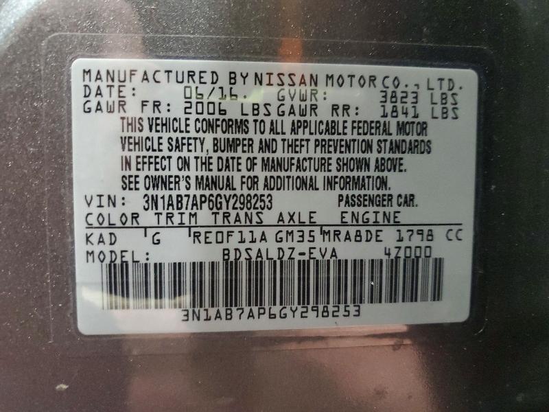 69549116 :رقم المزاد ، 3N1AB7AP6GY298253 vin ، 2016 Nissan Sentra مزاد بيع