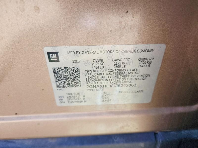 Aukcja sprzedaży 2018 Chevrolet Equinox, vin: 2GNAXHEV1J6243061, numer aukcji: 69095796