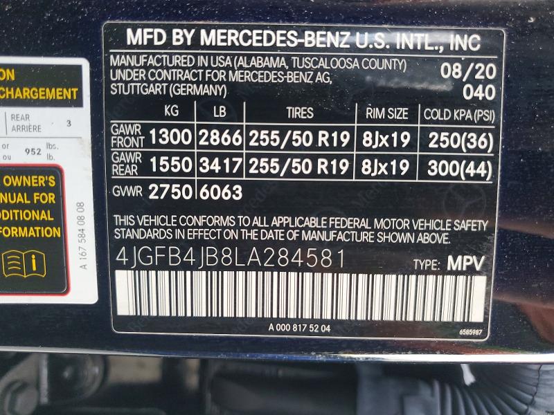 69903226 :رقم المزاد ، 4JGFB4JB8LA284581 vin ، 2020 Mercedes-benz Gle مزاد بيع