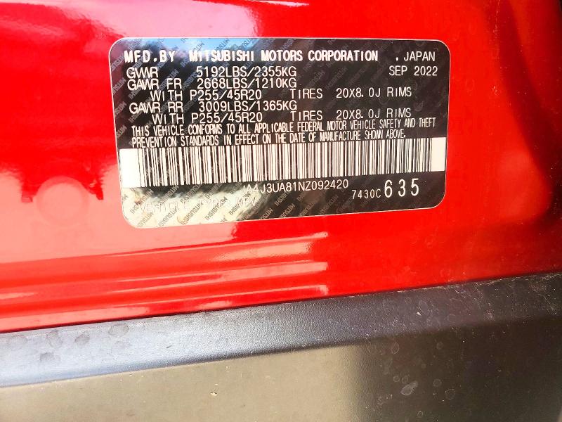 Продаж на аукціоні авто 2022 Mitsubishi Outlander, vin: JA4J3UA81NZ092420, номер лоту: 67290076