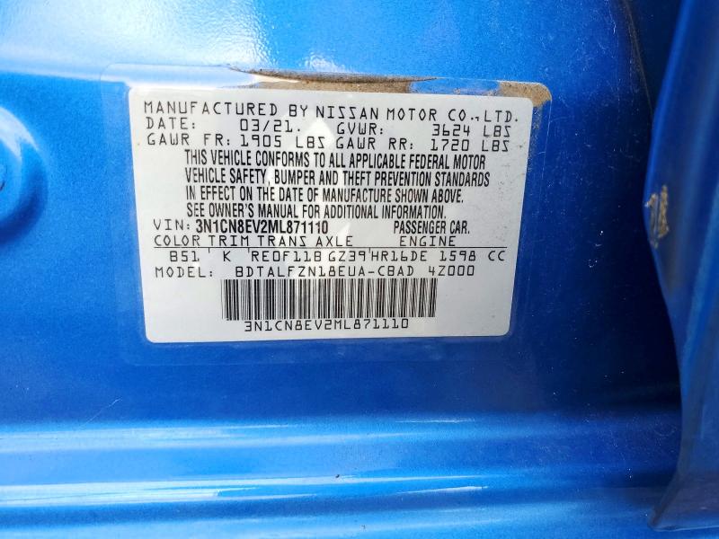 2021 Nissan Versa მანქანა იყიდება აუქციონზე, vin: 3N1CN8EV2ML871110, აუქციონის ნომერი: 69533846