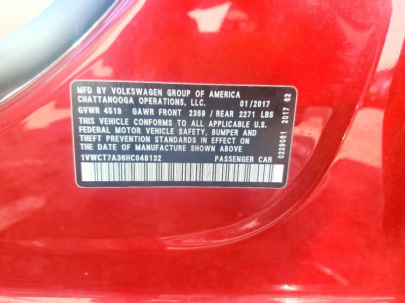 Продаж на аукціоні авто 2017 Volkswagen Passat, vin: 1VWCT7A36HC048132, номер лоту: 67721636