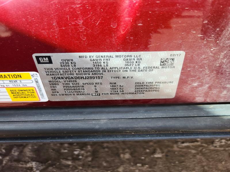 69799356 :رقم المزاد ، 1GNKVGKD6HJ289157 vin ، 2017 Chevrolet Traverse مزاد بيع