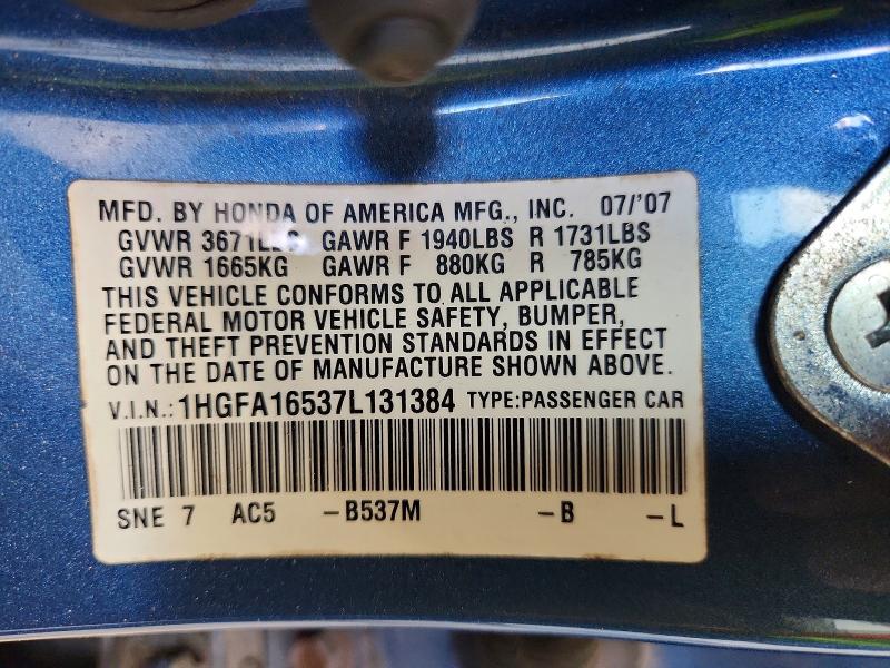 Продажа на аукционе авто 2007 Honda Civic, vin: 1HGFA16537L131384, номер лота: 68098906