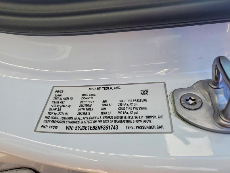 68607026 :رقم المزاد ، 5YJ3E1EB8NF361743 vin ، 2022 Tesla Model 3 مزاد بيع