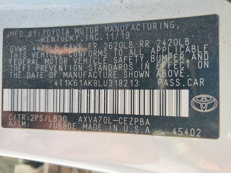 68366276 :رقم المزاد ، 4T1K61AK8LU318213 vin ، 2020 Toyota Camry مزاد بيع