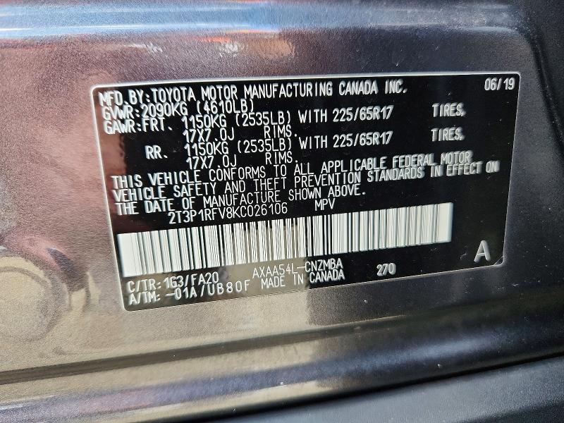 69682926 :رقم المزاد ، 2T3P1RFV8KC026106 vin ، 2019 Toyota Rav4 مزاد بيع