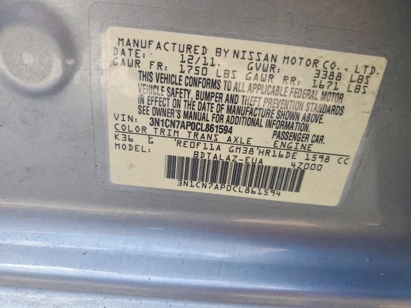 Aukcja sprzedaży 2012 Nissan Versa, vin: 3N1CN7AP0CL861594, numer aukcji: 68439996