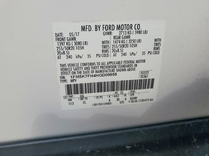2017 Ford Explorer მანქანა იყიდება აუქციონზე, vin: 1FM5K7FH4HGD09958, აუქციონის ნომერი: 68954326