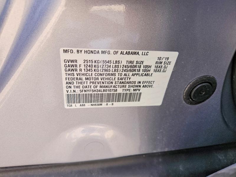 Продажа на аукционе авто 2020 Honda Pilot, vin: 5FNYF5H34LB010758, номер лота: 67376826