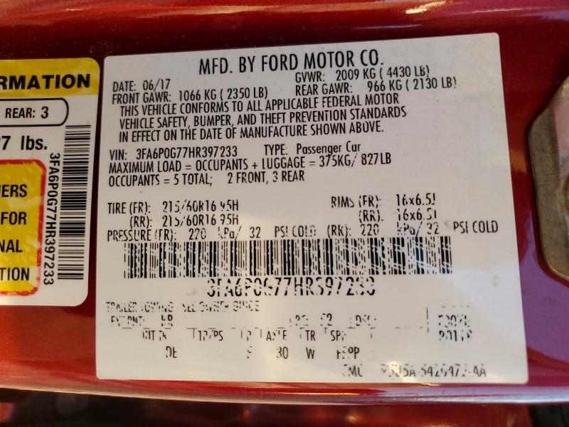 Продаж на аукціоні авто 2017 Ford Fusion, vin: 3FA6P0G77HR397233, номер лоту: 70892646
