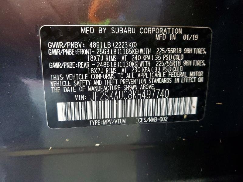 69902616 :رقم المزاد ، JF2SKAUC8KH497740 vin ، 2019 Subaru Forester مزاد بيع