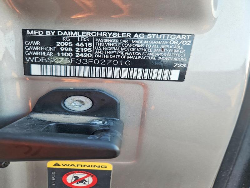 Продаж на аукціоні авто 2003 Mercedes-benz Sl, vin: WDBSK75F33F027010, номер лоту: 68485206