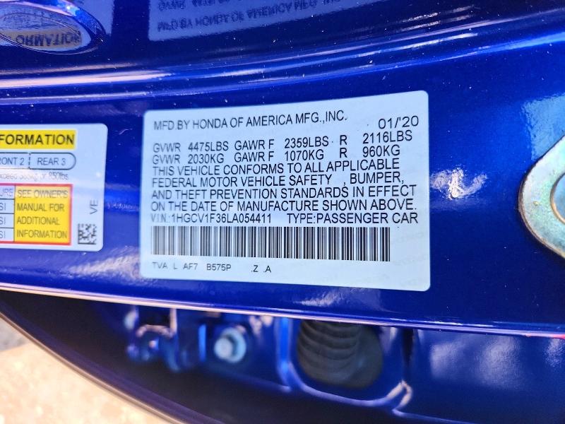 Aukcja sprzedaży 2020 Honda Accord, vin: 1HGCV1F36LA054411, numer aukcji: 67881776