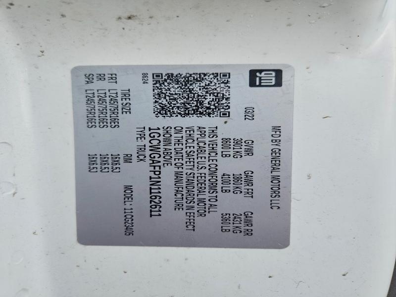 Aukcja sprzedaży 2022 Chevrolet Express G2500, vin: 1GCWGAFP1N1162611, numer aukcji: 69403606