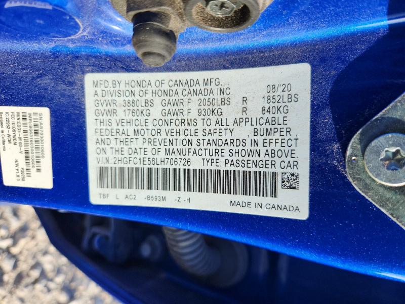 Aukcja sprzedaży 2020 Honda Civic, vin: 2HGFC1E56LH706726, numer aukcji: 68804726