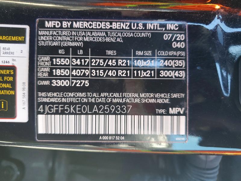 2020 Mercedes-benz Gls მანქანა იყიდება აუქციონზე, vin: 4JGFF5KE0LA259337, აუქციონის ნომერი: 67860446