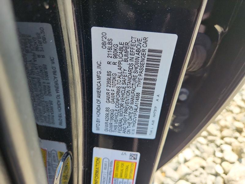 Auction sale of the 2020 Honda Accord, vin: 1HGCV1F54LA114588        , lot number: 67885266