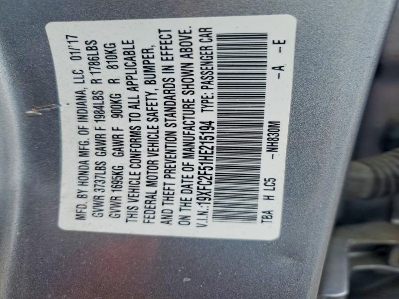 Продаж на аукціоні авто 2017 Honda Civic, vin: 19XFC2F51HE215194, номер лоту: 67688076