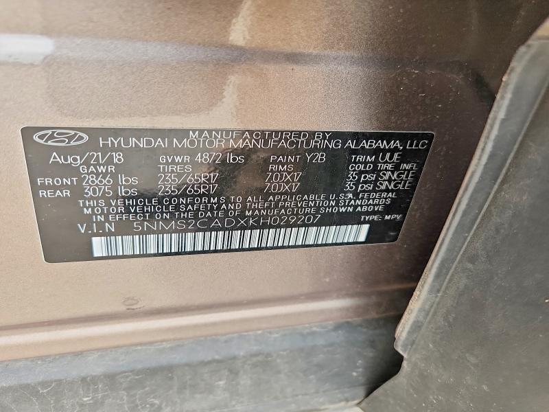 68298446 :رقم المزاد ، 5NMS2CADXKH029207 vin ، 2019 Hyundai Santa Fe مزاد بيع