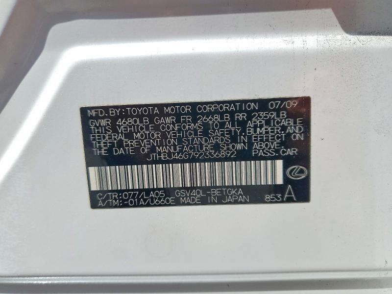 Продажа на аукционе авто 2009 Lexus Es, vin: JTHBJ46G792336892, номер лота: 68885746