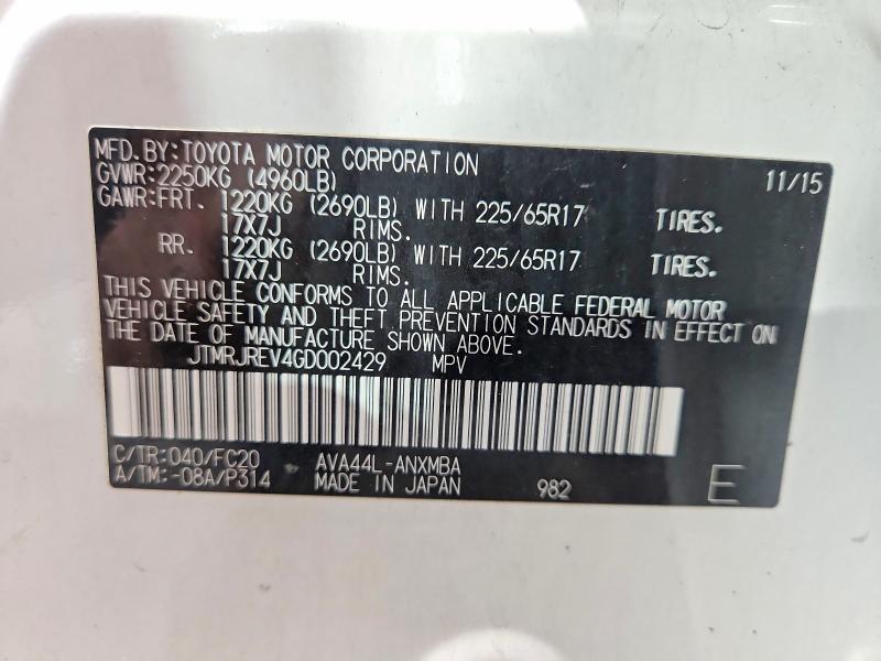 Aukcja sprzedaży 2016 Toyota Rav4 Hv, vin: JTMRJREV4GD002429, numer aukcji: 70491266