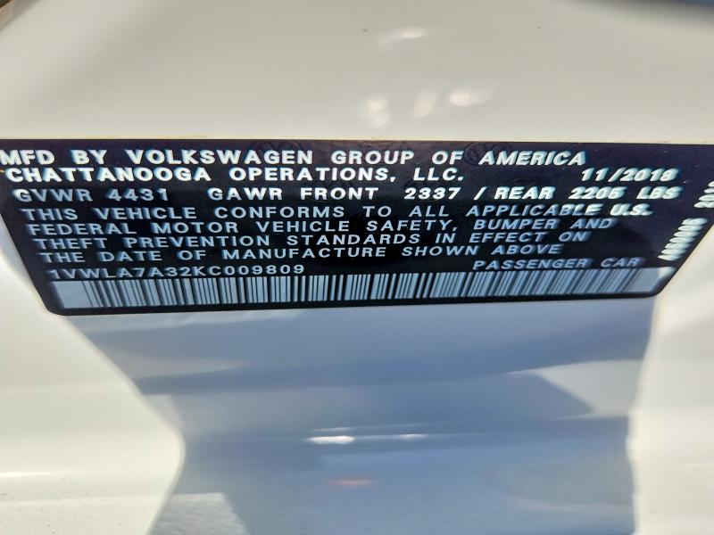 Auction sale of the 2019 Volkswagen Passat, vin: 1VWLA7A32KC009809, lot number: 68690276