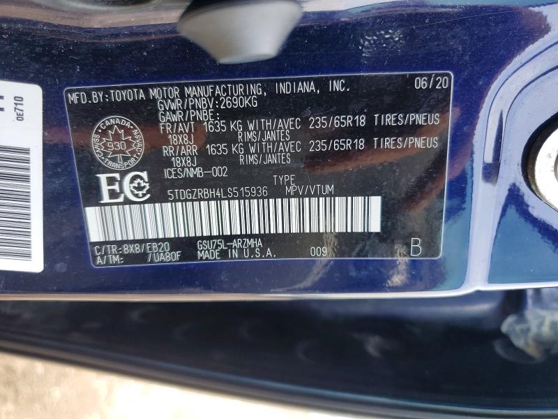 66353906 :رقم المزاد ، 5TDGZRBH4LS515936 vin ، 2020 Toyota Highlander مزاد بيع