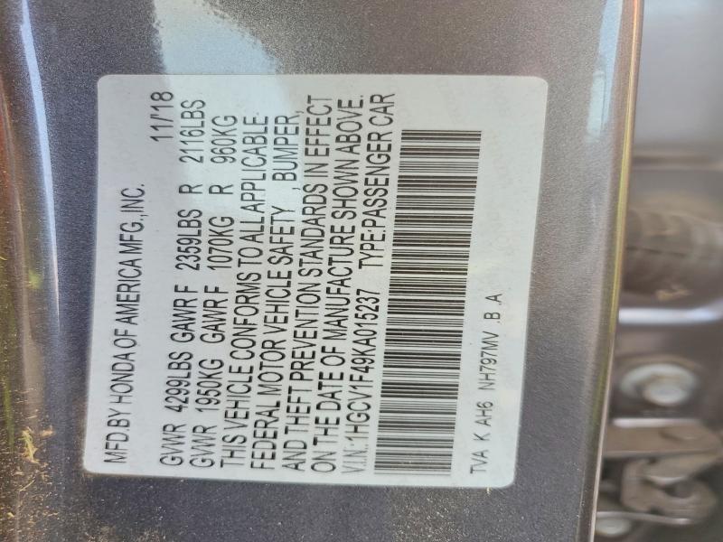 Aukcja sprzedaży 2019 Honda Accord, vin: 1HGCV1F49KA015237, numer aukcji: 68229066