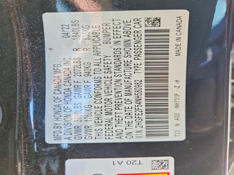 Продаж на аукціоні авто 2022 Honda Civic, vin: 2HGFE2F54NH580982, номер лоту: 68233576