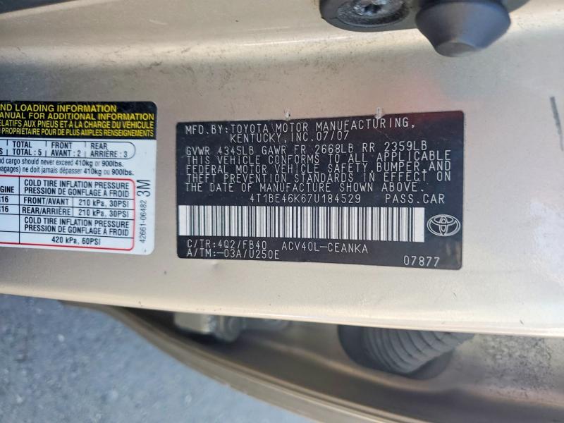 Продаж на аукціоні авто 2007 Toyota Camry, vin: 4T1BE46K67U184529, номер лоту: 67933816