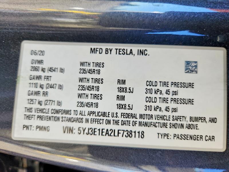 2020 Tesla Model 3 მანქანა იყიდება აუქციონზე, vin: 5YJ3E1EA2LF738118, აუქციონის ნომერი: 70240486