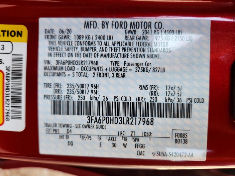 68567616 :رقم المزاد ، 3FA6P0HD3LR217968 vin ، 2020 Ford Fusion مزاد بيع