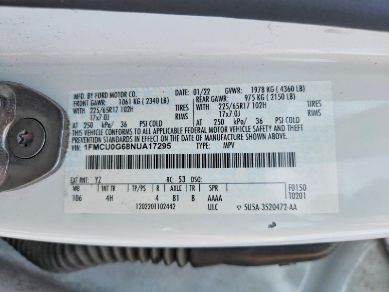 69306716 :رقم المزاد ، 1FMCU0G68NUA17295 vin ، 2022 Ford Escape مزاد بيع