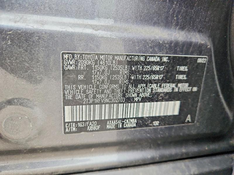 Продаж на аукціоні авто 2022 Toyota Rav4, vin: 2T3P1RFV9NC302703, номер лоту: 68007996