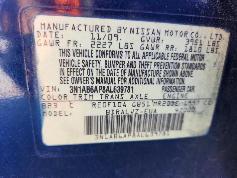 Aukcja sprzedaży 2010 Nissan Sentra, vin: 3N1AB6AP8AL639781, numer aukcji: 69419696