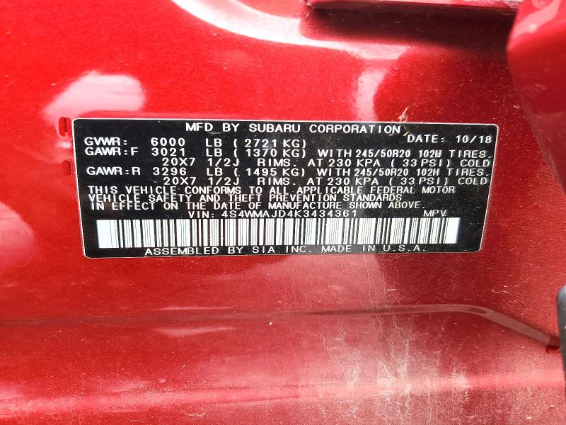 Aukcja sprzedaży 2019 Subaru Ascent, vin: 4S4WMAJD4K3434361, numer aukcji: 68968826