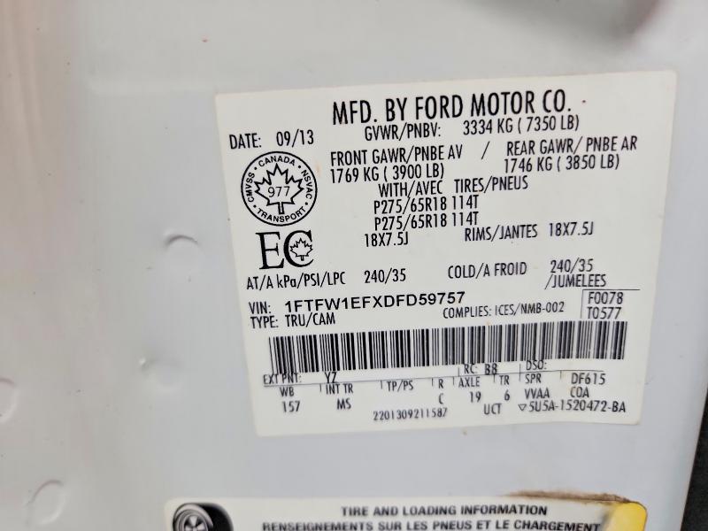 68070996 :رقم المزاد ، 1FTFW1EFXDFD59757 vin ، 2013 Ford F150 مزاد بيع