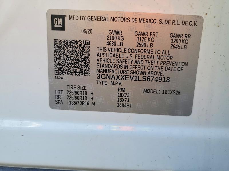 Продажа на аукционе авто 2020 Chevrolet Equinox, vin: 3GNAXXEV1LS674918, номер лота: 70429356