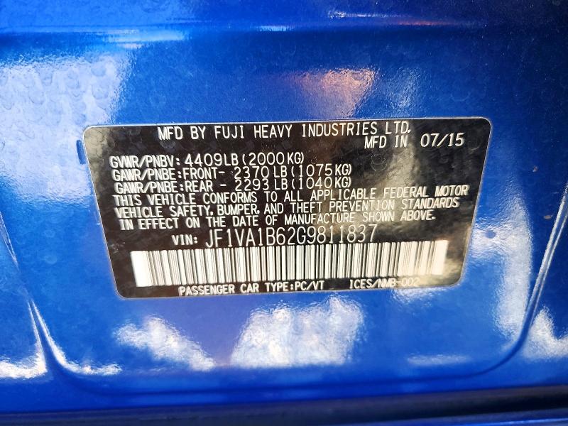 Aukcja sprzedaży 2016 Subaru Wrx, vin: JF1VA1B62G9811837, numer aukcji: 70520876