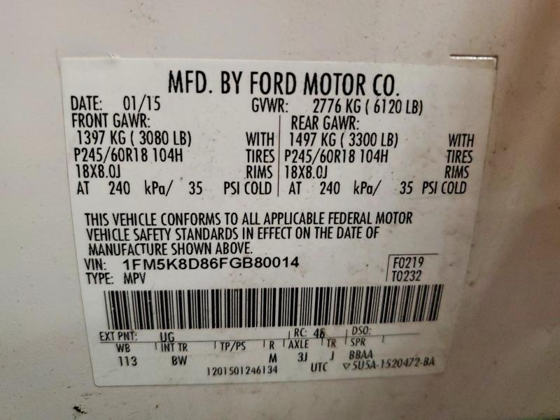 70166316 :رقم المزاد ، 1FM5K8D86FGB80014 vin ، 2015 Ford Explorer مزاد بيع
