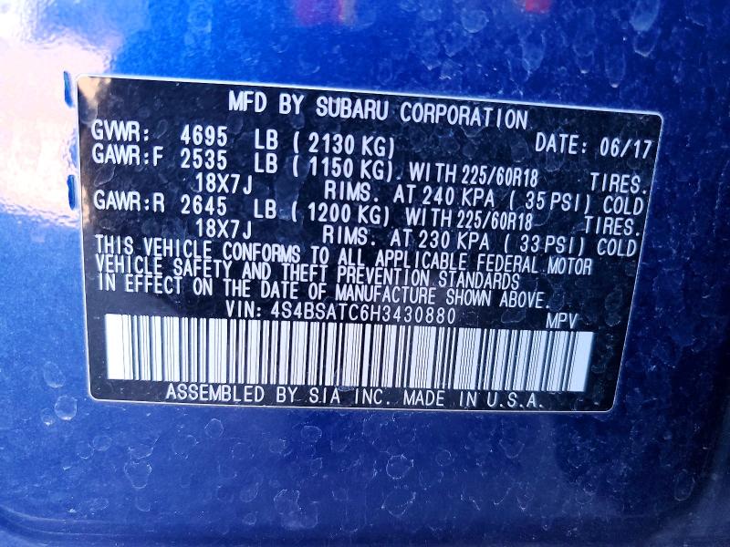 2017 Subaru Outback მანქანა იყიდება აუქციონზე, vin: 4S4BSATC6H3430880, აუქციონის ნომერი: 70429896