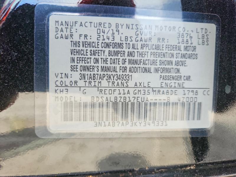 Aukcja sprzedaży 2019 Nissan Sentra 1.8 S/sv/sr/s, vin: 3N1AB7AP3KY349331, numer aukcji: 68358266