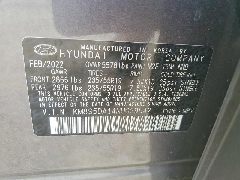 Aukcja sprzedaży 2022 Hyundai Santa Fe, vin: KM8S5DA14NU039842, numer aukcji: 68745876
